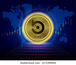 BORA (BORA) gold coin. 3D Vector illustration. Cryptocurrency blockchain (crypto currency) Future digital replacement technology. Silver golden virtual currency growth share chart is background.