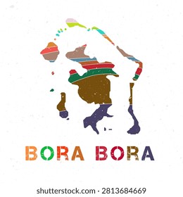 Bora Bora map design. Shape of the island with beautiful geometric waves and grunge texture. Superb vector illustration.