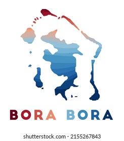Bora Bora map. Map of the island with beautiful geometric waves in red blue colors. Vivid island shape. Vector illustration.