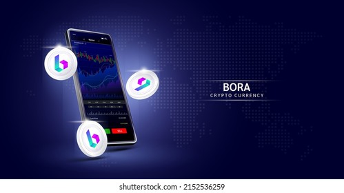 BORA y teléfono. Aplicación para intercambiar moneda criptográfica en el smartphone de pantalla táctil. Análisis de datos en el mercado de valores. Tendencias y estrategia financiera. La criptodivisa bancaria móvil. Vector 3d. 