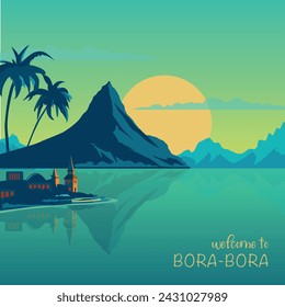 Bora Bora retro island poster with abstract shapes of seaside, recreation, lagoon. Vintage French Polynesia summertime travel vector illustration	