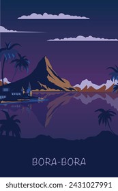 Bora Bora retro island poster with abstract shapes of seaside, recreation, lagoon at night. Vintage French Polynesia summertime travel vector illustration	