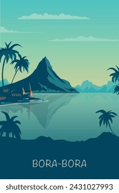 Póster de la isla retro de Bora Bora con formas abstractas de playa, recreación, laguna. Ilustración vectorial de viaje de verano de la Polinesia Francesa Vintage	