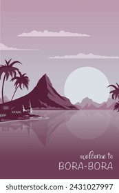 Bora Bora retro island poster with abstract shapes of seaside, recreation, lagoon. Vintage French Polynesia summertime travel vector illustration	