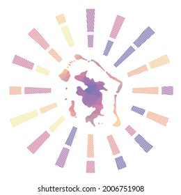 Bora Bora sunburst. Low poly striped rays and map of the island. Stylish vector illustration.