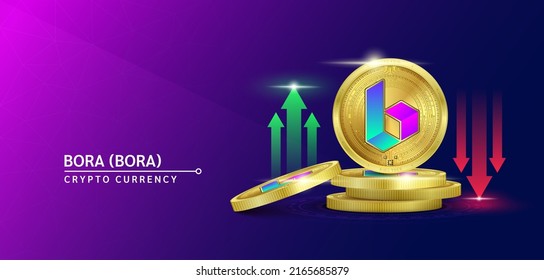 Bora token cryptocurrency banner. Future currency on blockchain stock market with red-green arrows up and down. Gold coins crypto currencies. Banner for news on a solid background. 3D Vector.
