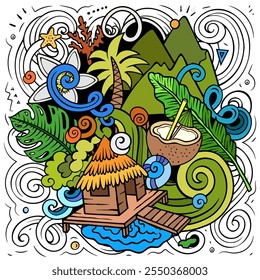 Bora-Bora cartoon doodle illustration. Creative funny vector background with French Polynesia elements and objects. Colorful composition