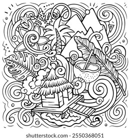 Ilustración de doodle de dibujos animados de Bora-Bora. Fondo de Vector divertido creativo con Elementos y objetos de la Polinesia Francesa. Composición incompleta