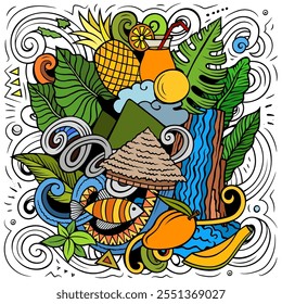 Bora-Bora cartoon doodle illustration. Creative funny vector background with French Polynesia elements and objects. Colorful composition