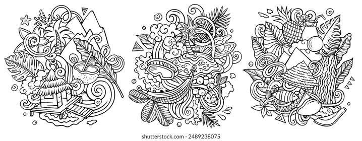 Bora-Bora cartoon vector doodle designs set. Line art detailed compositions with lot of Porapora objects and symbols