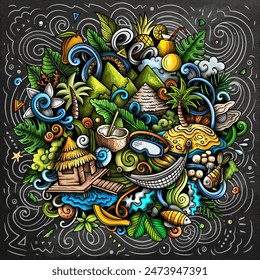 Bora-Bora chalkboard cartoon doodle illustration. Creative funny vector background with French Polynesia elements and objects. Colorful composition