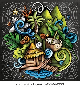 Bora-Bora chalkboard cartoon doodle illustration. Creative funny vector background with French Polynesia elements and objects. Colorful composition