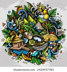 Bora-Bora hand drawn cartoon doodle illustration. Creative funny vector background with French Polynesia elements and objects. Colorful composition