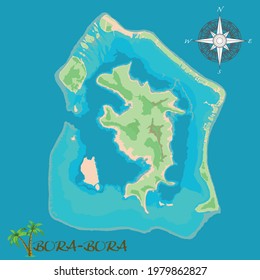 Bora-Bora Island. Realistic satellite background map. Drawn with cartographic accuracy. A bird's-eye view. 
