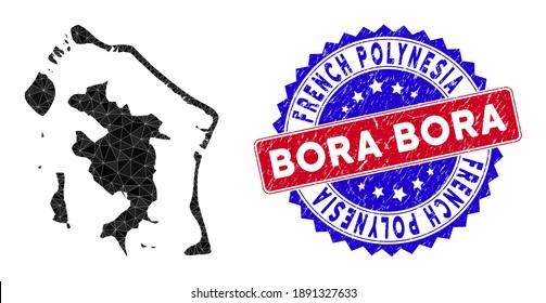Bora-Bora map polygonal mesh with filled triangles, and rubber bicolor rubber seal. Triangle mosaic Bora-Bora map with mesh vector model, triangles have various sizes, and positions, and color tones.