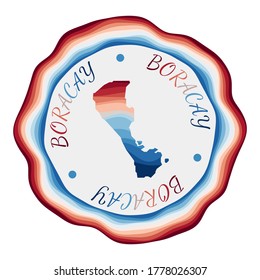 Boracay badge. Map of the island with beautiful geometric waves and vibrant red blue frame. Vivid round Boracay logo. Vector illustration.