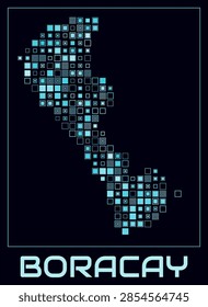 Boracay digital style map. Large square dots on dark background. Dotted shape of the island. Boracay map and title. Stylish vector illustration.