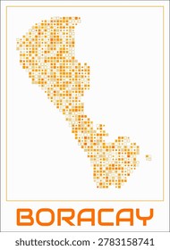 Boracay digital style map. Small square dots on white background. Dotted shape of the island. Boracay map and title. Creative vector illustration.
