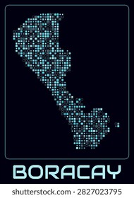 Boracay digital style map. Small rounded square dots on dark background. Dotted shape of the island. Boracay map and title. Elegant vector illustration.