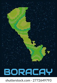 Boracay hexagon dots map. Philippines. Digital style shape of the island. Boracay map and title. Tiny green colored hexagons, sparse blue dots at background. Vector Illustration.