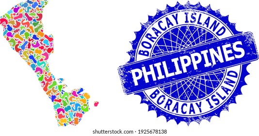 Boracay Island map vector image. Spot mosaic Boracay Island map and unclean stamp seal. Sharp rosette blue stamp seal with caption and Boracay Island map.