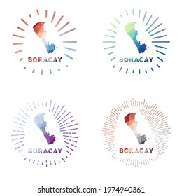 Boracay low poly sunburst set. Logo of island in geometric polygonal style. Vector illustration.
