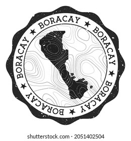 Boracay outdoor stamp. Round sticker with map of island with topographic isolines. Vector illustration. Can be used as insignia, logotype, label, sticker or badge of the Boracay.