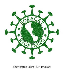 Boracay Reopening Stamp. Green round badge of island with map of Boracay. Island reopening after lockdown. Vector illustration.