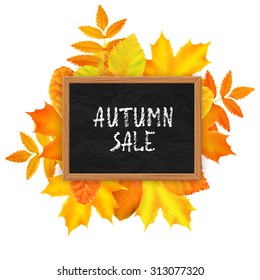 Bord Autumn sale over bright leaves, vector illustration