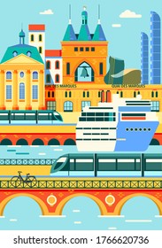 Bordeaux city center with famous tourist buildings, river, cite du vin, quay, tramway and bridges  and cruise liner - flat vector illustration