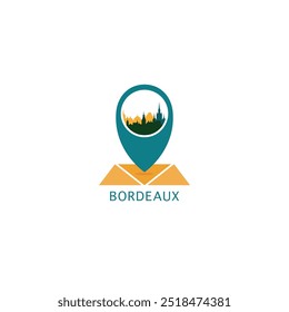 Bordeaux city map pin point geolocation modern skyline vector logo icon isolated illustration. France, Gironde pointer emblem with landmarks and building silhouettes