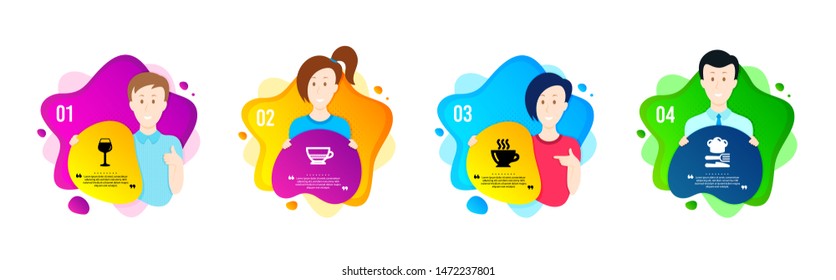 Bordeaux glass, Coffee and Bombon coffee icons simple set. People shapes timeline. Food sign. Wine glass, Cappuccino, Cafe bombon. Chef hat. Food and drink set. Dynamic shape offer. Vector