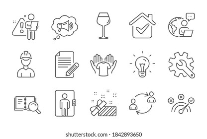 Bordeaux glass, Elevator and Correct answer line icons set. Customisation, Article and Megaphone signs. Idea, Search book and Foreman symbols. Present, Hold t-shirt and User communication. Vector