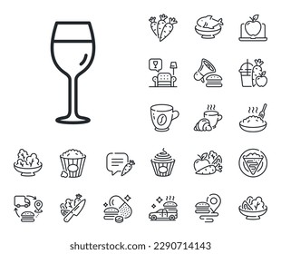 Señal de cristal de Burdeos. Iconos de crepe, palomitas dulces y contorno de ensalada. Icono de la línea de cristal de vino. Signo de la línea de cristal de vino. Espaghetti de pasta, icono del jugo fresco. Cadena de suministro. Vector