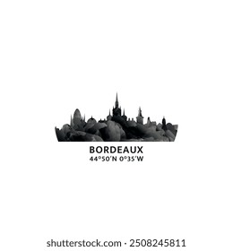 Bordeaux panorama, vector badge, skyline logo and icon. France city horizon logotype with landmarks and building silhouettes. Isolated foggy abstract gradient graphic