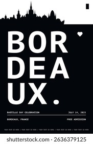 Bordeaux typography minimalist vector poster for national event, festival, independence day, holiday layout. Brochure, leaflet, flyer, presentation image template for France city