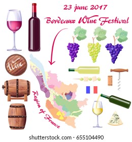 Bordeaux Wine Festival Promotional Poster With Bottles And Glasses, Grapes Bunches, France Region Map, Tasty Cheese And Wooden Barrels Vector Illustrations.