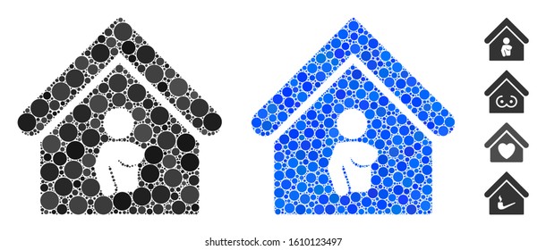 Bordel mosaic of small circles in variable sizes and color hues, based on bordel icon. Vector round elements are combined into blue mosaic. Dotted bordel icon in usual and blue versions.