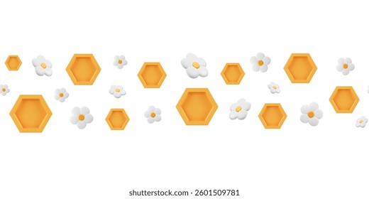 Border with 3d honeycombs and flowers. Beekeeping seamless pattern. Frame of summer plasticine elements. Vector minimalist illustration. Honey cells in front view with cartoon florals.
