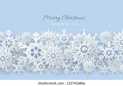 Border of 3d silver decorative snowflakes decorated with beads on the blue background, template for New Year and Christmas design, vector illustration
