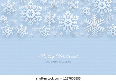 Border of 3d silver decorative snowflakes decorated with beads on the blue background, a template for New Year and Christmas design, vector illustration