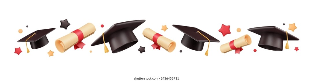 Border of 3d student cap, diploma with ribbon and volumetric stars. Graduation pattern with academic objects render. Vector cartoon isolated illustration. University, high school celebration ceremony