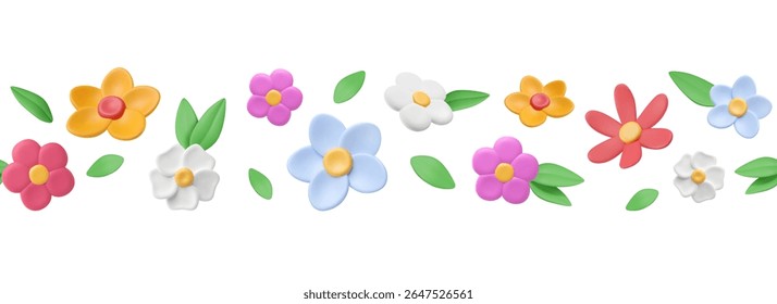 Border with 3d summer flowers and leaves. Seamless pattern with plants and bloom garden elements. Background with meadow, colorful nature clay objects, abstract frame design. Vector illustration