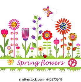 Border with abstract colorful hippie flowers