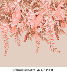 Border with acacia flowers, parrots and leaves. Vector