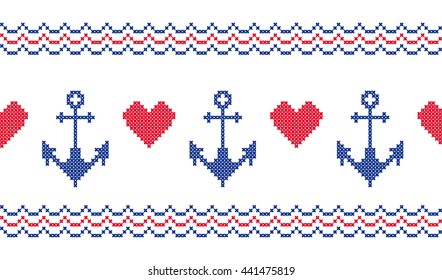 Border with anchors. Sea ornament. Cross stitch. Scheme of knitting and embroidery. Vector seamless pattern.
