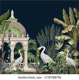 Border with ancient arbor and herons in the jungle. Vector.