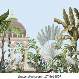 Border with ancient arbor and herons in the jungle. Vector.