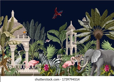 Border with ancient arbor and wild animals in the jungle. Vector.