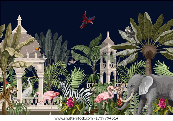 Border with ancient arbor and wild animals in the\
jungle. Vector.